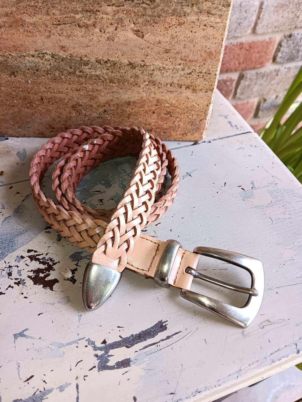 Vintage Donna Katz Nude Braided Leather Belt Buckle Woven Medium